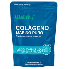 Wellthy Colgeno Marino Hidrolizado 480g. 12g por Porcin, 40 Porciones, 1 Solo Ingrediente, 100 Puro, Scoop Includo, Sugar Free, Bottle Free. Marine,  