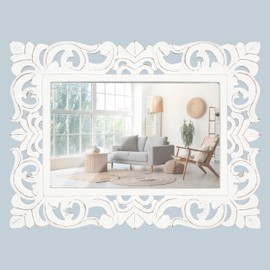 Lightnpro Hand Carved Rectangular Wall Mirror - 18×24 Inch Rustic Farmhouse Wood Frame with Antique White Finish - Vintage Boho Decorative Accent Mirror for Bathroom, Entryway, Bedroom & Living Room