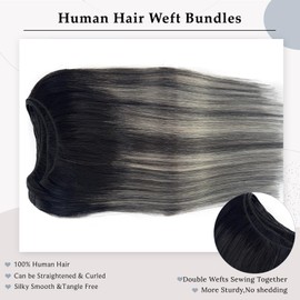 Sew in Bundles Hunan Hair Weft Extensions 24 Inch Ombre Natural Black Balayage Silver Grey Highlights Hair Extensions Real Human Hair Sew in 120G Hand Tied Weft Human Hair Bundles Weave Extensions