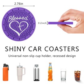 SHMZK 2 PCS Car Cup Holder Coaster, 2.76 Inch Blessed Cross and Heart Vehicle Insert Cup Coasters, Anti-Slip Shockproof PVC Drink Cup Mats for Most Vehicles, Car Accessories (Dark Purple)