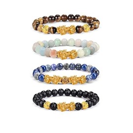 Pixiu Green Jade Natural Stone Change Color Elastic&Braided String Rope Bracelet Brave Troops Lucky Wealth Bracelet for Women Men Gift-4PCS B