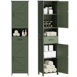 Homhedy 67" H Tall Bathroom Storage Cabinet with 2 Barn Doors and 1 Drawer, Narrow Storage Unit, Adjustable Shelves, Floor Cabinet for Bathroom, Living Room, Entryway, Kitchen, Green, (15.7" W)