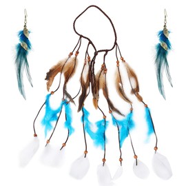 MEZHEN Boho Feather Headband Boho Earrings Headband Hippie Headband Feathers Tassel Hair Band Women's Indian Tribal Headdress Festival Costume Hair Accessories Carnival Costume Jewellery