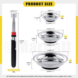 Mardatt 4Pcs 3" 4" 6" Round Magnetic Trays Tools with 10LB Telescopic Magnet Stick, Stainless Steel Magnet Tool Tray Parts Holder Metal Collector for Screws, Sockets, Bolts, Pins, Automotive Mechanics