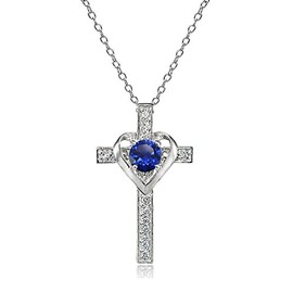 B. BRILLIANT Sterling Silver Synthetic Blue Spinel and White Topaz Heart in Cross Necklace for Women