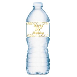 55th Birthday Water Bottle Labels; Set of 20 Waterproof Water Bottle Wrappers;Gold and White. Happy Birthday Labels