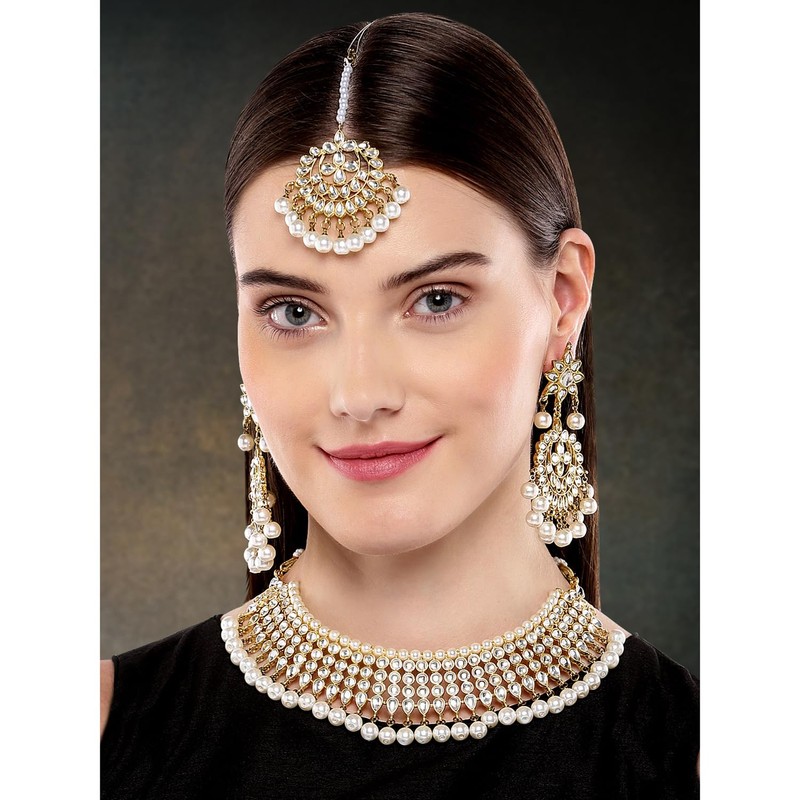 Aheli Ethnic Wedding Wear Faux Kundan Collar de cuentas (blanco)