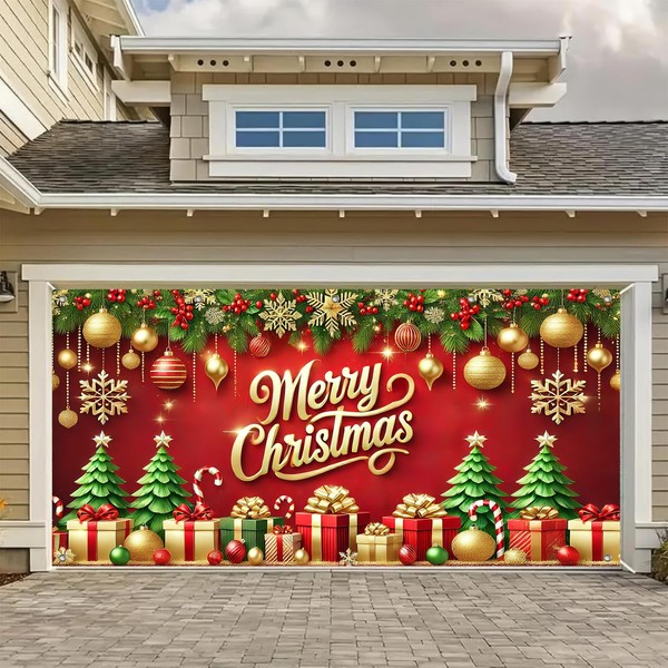 HOMETITUTE Christmas Garage Banner Backdrop 13x6ft Merry Christmas Gold Red