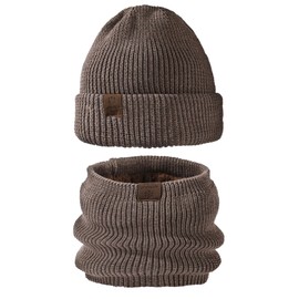 SIAFEI Knit Hat, Neck Warmer, 2-Piece Set, Knit Cap, Men's Beanie, Ribbed, Thick, Double Layer Cold Protection, Outdoor Sports, Autumn, Winter, Skiing, Cycling, Work or School, Unisex, dark khaki