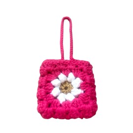 Handmade Crochet Earbuds Case – Floral Pattern Design with Strap, White and Green/Pink/Blue. (Pink)