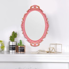 Tstarer Vintage Decorative Pink Framed Mirror, Wall Hanging Mirrors & Tabletop Tray for Bedroom Living Room Dresser Decor, Oval- 9.6" W x 14.3" L (Pink)
