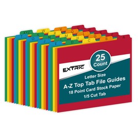 EXTRIC Alphabetical File Organizer, 25 Alphabet Dividers with Tabs Letter Size File Cabinet Dividers, A-Z Manila Guides 5 Assorted Colors, 1/5 Cut Tab Positions Filing Cabinet and Desk Organization