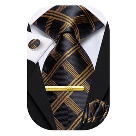 Hi-Tie Ties for Men Neck Tie Pocket Square Set Wedding Formal Cufflinks Tie Clip 4PC Formal Suit Tie Set,Black Gold Plaid
