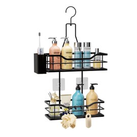 HapiRm Shower Caddy Hanging - 2-Tier Bathroom Shower Organiser with 4 Hooks, Black Rustproof Shower Shelves for Shampoo, Conditioner, and Bathroom Storage