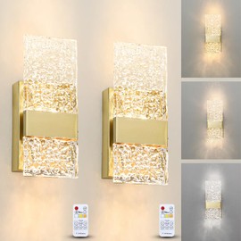 Modern Brushed Gold Battery Operated Wall Sconces Set of 2 - Rechargeable Brass LED Wall Sconce Lighting with Acrylic Shade, Wireless Bedroom/Living Room Art Deco Light Fixtures