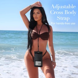 FLAUNT Black Crocodile Waterproof Floating Phone Pouch with Crossbody Lanyard - Travel Beach Cruise Ship Essentials - Large