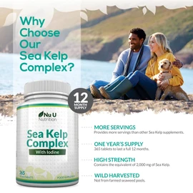 Nu U Nutrition Sea Kelp Iodine Supplement Complex - 365 Vegan Tablets - 435mcg of Iodine per Tablet - 1 Year Supply - Wild Harvested Seaweed - GMO Free - Made in The UK - Nu U Nutrition