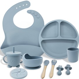 KKSMETIS 8 piezas platos para niños,set de cocina para niños,fácil de limpiar, para microondas,kit bebe,juego de platos(Azul)