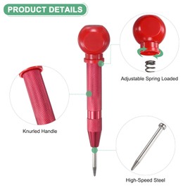 M METERXITY 1-Pack Automatic Center Punch, 133mm HSS Spring Loaded Nail Punch with Palm Cushion Cap for Steel Plate/Wooden Board/Glass, Adjustable Impact Punch Window Breaker Tool [Red]