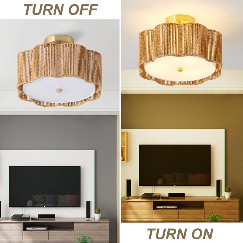 Giutna Rattan Ceiling Light Fixtures Flush Mount,3-Light Boho Light Fixtures