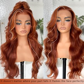 BlackSwern 13x6 HD Glueless Lace Frontal Wigs Pre-Plucked, 200 Density Ginger Similar Human Hair Synthetic Long Body Wave Lace Front Wig Ready to Wear, 26inch #Ginger