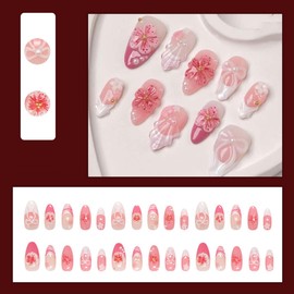 24 Pcs French Tip Press on Nails Short Almond Nail Tips,YEFIUO Acrylic Nail Kit Fake Nails Press ons Glue on Nails Flower Pearl 3D Bow Shell Artificial False Nails Stick on Nail Art Design for Women