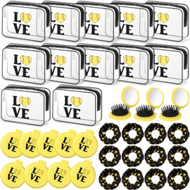 Yungyan 36 Pcs Softball Gifts 12 Softball Makeup Bag for Women Party Favors Team Gifts with 12 Sport Hair Scrunchies 12 Round Portable Folding Brush