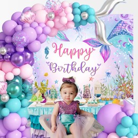 Mocsicka 7x5ft Mermaid Birthday Backdrop Under The Sea Birthday Party Decoration for Girl Blue Purple Mermaid Tails Photography Background (7x5ft(82x60 inch))
