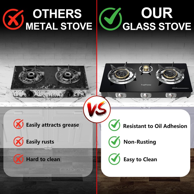 3 Burner Propane Stove 32,300 BTU High-Efficiency Tempered Glass Auto-Ignition