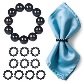 Napkin Rings Set of 12，Farmhouse Stretchable Wooden Bead Reusable Cloth Napkin Holders for Wedding, Christmas, Graduation & Dinner Parties (Black 12PCS)