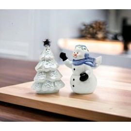 Fine Ceramic Snowman & Christmas Salt & Pepper Shakers Set, 4" H