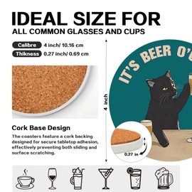 zcyhtqp, It's Beer O'Clock, Funny Absorbent Round Ceramic Stone Coasters Set of 4 with Cork Base, Funny Bar Coasters, Cat Lover, Gifts for Home, Bar, Office Table Décor
