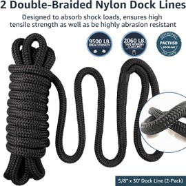 Dock Lines 2 Pack 5/8" x 30' Nylon Boat Dock Lines with 15" Eyelet, Double Braid Boat Rope, Marine-Grade Dock Lines for Boats, Easy to Use Boat Ropes for Docking, Strong Marine Rope, PACTHSD