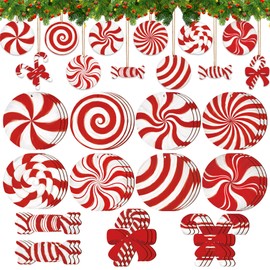 36PCS Candy Ornaments for Christmas Tree Red and White Peppermint Wooden Cutouts Xmas Candy Cane Lollipop Hanging Wood Slices for Christmas Holiday New Year Party Decorations