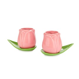 balvi Tulip Coffee Cup Set Pink Green 2 Tulip Shaped Coffee Cups and 2 Leaf Plates