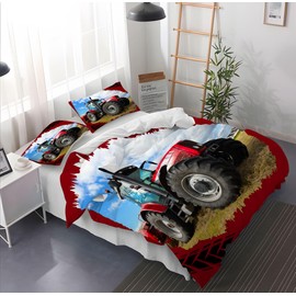 Yzehomijia Tractor Duvet Cover 140 x 200 cm, Tractor Bedding Set for Children, 1 Microfibre Duvet Cover + 2 Pillowcases 65 x 65 cm (T4)