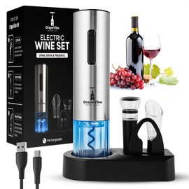 GrapeVibeEssentials Electric Wine Opener Set – Rechargeable Automatic Wine Bottle Opener with Charging Base, Foil Cutter, Aerator Pourer & Vacuum Stoppers