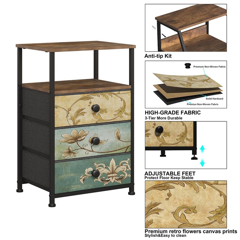 Tohomeor Nightstand with 3 Fabric Drawers Retro End Table with