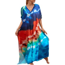 Bsubseach Kaftan Dresses for Women Plus Size Tie Dye Batwing Sleeve Caftans Swimsuit Coverup Maxi Dress Loungewear Blue Orange