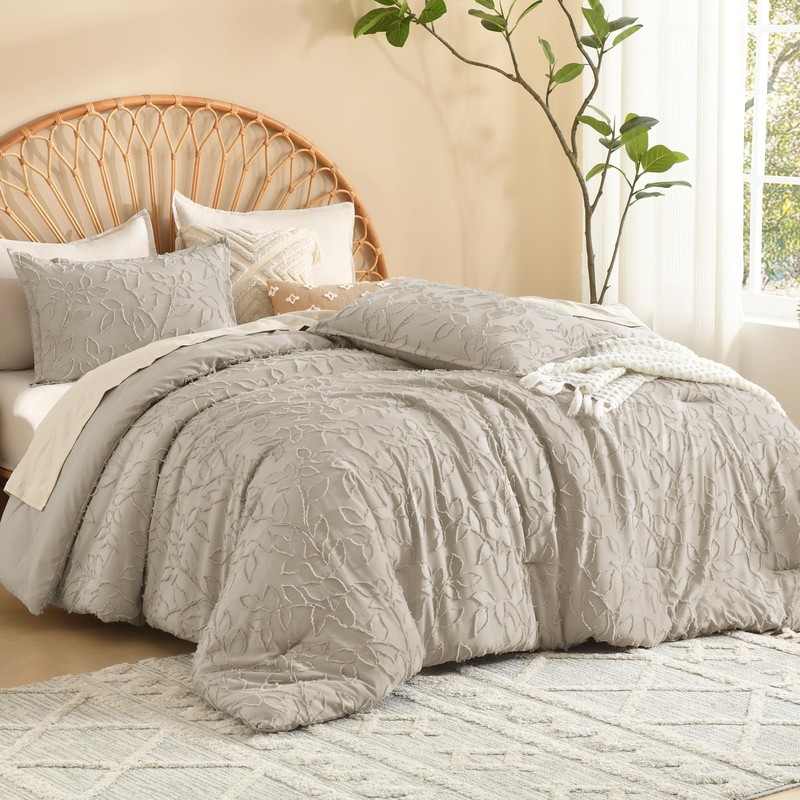 Litanika King Size Comforter Set Oatmeal, 3 Piece Boho Tufted
