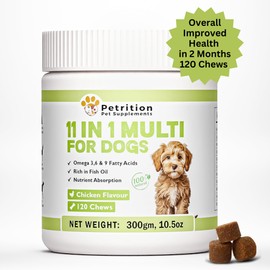 Petrition Multivitamin Supplement for Dogs, Glucosamine Chondroitin, Probiotics, Omega Fish Oil, Vitamins for Skin & Coat Health, Joint Support, Allergy Relief, 120 Soft Chews