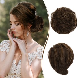 RUWISS Long Thin Straight Tousled Updo Bun Real Human Hair Elegant Hair Pieces Hair Bun Long Scrunchie Extension for Women 25g(Brown Mixed)