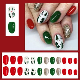 24 Pcs Christmas Press on Nails Short Square - ZIFANHU Red Green Fake Nails Press ons Nail Full Cover Acrylic Glitter Artificial False Nails with Xmas Tree Design Glue on Nails Stick on Nails Kit