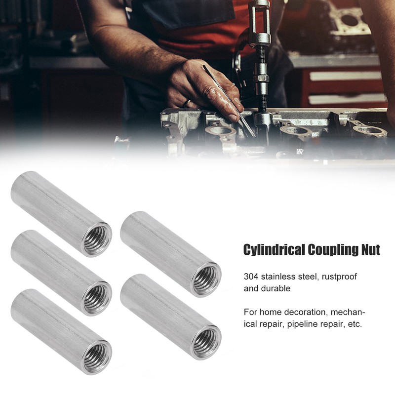 5PCS M12 Cylindrical Coupling Nuts 304 Stainless Steel Female Thread