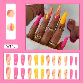 Press on Nails Long Coffin Fake Nails Colorful Stripes Glue on Nails Full Cover Glossy Acrylic False Nails for Women Gifts Reusable Full Cover Gel Nails-24Pcs