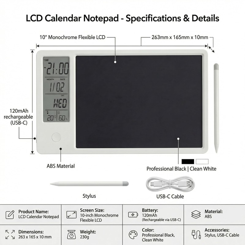 10-Inch Rechargeable LCD Calendar Notepad with Digital Clock Temperature and