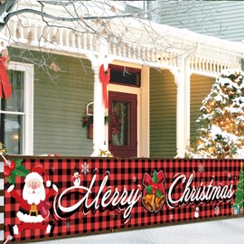 Merry Christmas Banner, Red Black Buffalo Check Plaid Banner for Christmas Decorations Outdoor Indoor 9.8 x 1.6 Feet/300 * 50cm (Red & Black)