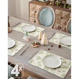 JINCHAN Floral Placemats Set of 4 Farmhouse Linen Placemats Cloth Table Mats Gray Leaf Printed Flax Cloth Rustic for Kitchen Dining Home Decor Holiday Washable Tablemats 13x19 Inch Green