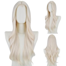FREE BEAUTY Long platinum Blonde Wavy Wig for Women Middle Part Curly Wavy Wig Natural Looking Synthetic Heat Resistant Fiber Wig for Daily Party Use 26 Inch