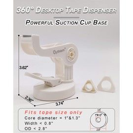 Oythiem White Tape Dispenser Desk - Desktop Tape Dispenser with Suction Cup Base, Rod-Through Roller, 360° Rotating Cantilever, Tape Holder for Desk Fits 1" & 1.3" Core, Office, School, Home Supplies
